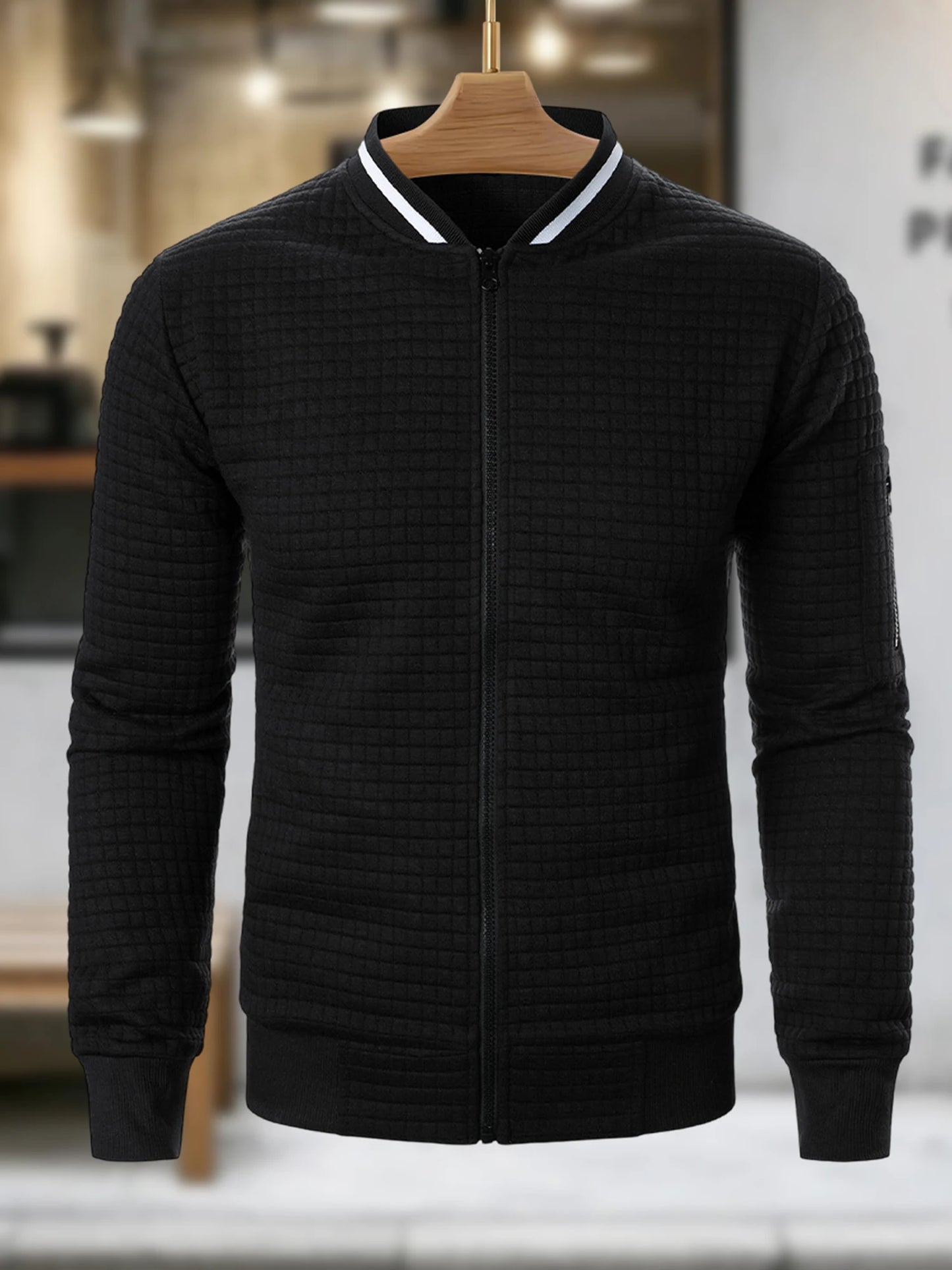 Men s Casual  Fit Zipper Up Lightweight Stand Collar Jacket Spring Fall Coat with Contrast Color Detail