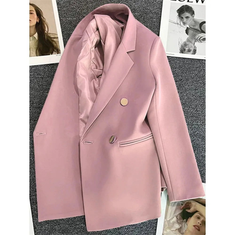 Women's Double-Breasted Blazer Coat . Elegant Long Sleeve Tailored Jacket