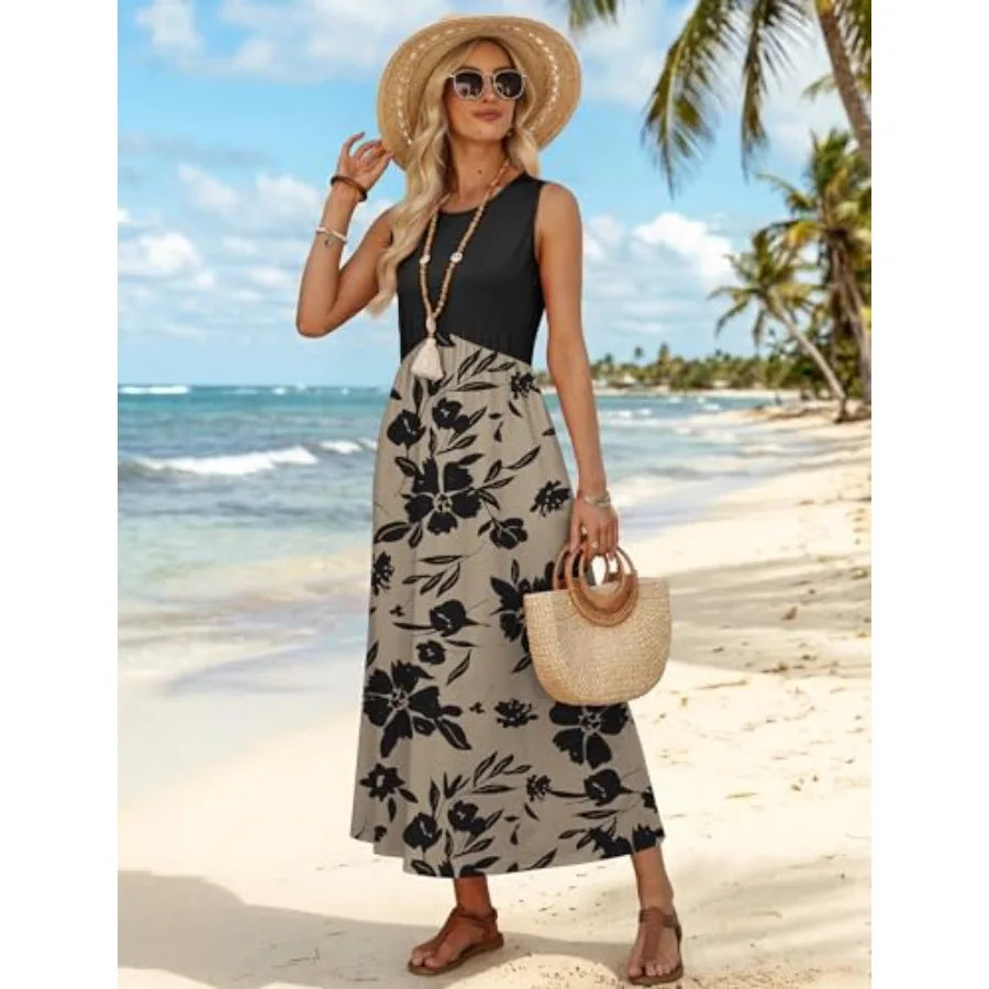 Women’s Floral Babydoll Maxi Dress | Sleeveless Empire Waist Summer Beach Dress