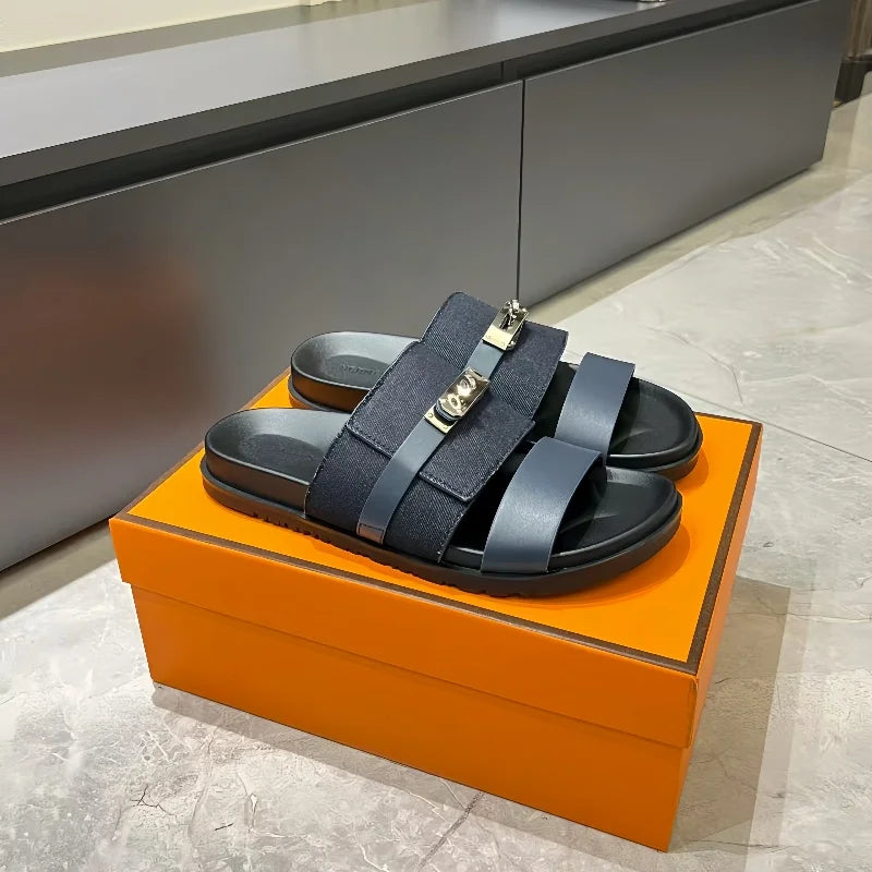 Luxury Women’s Leather Buckle Slide Sandals