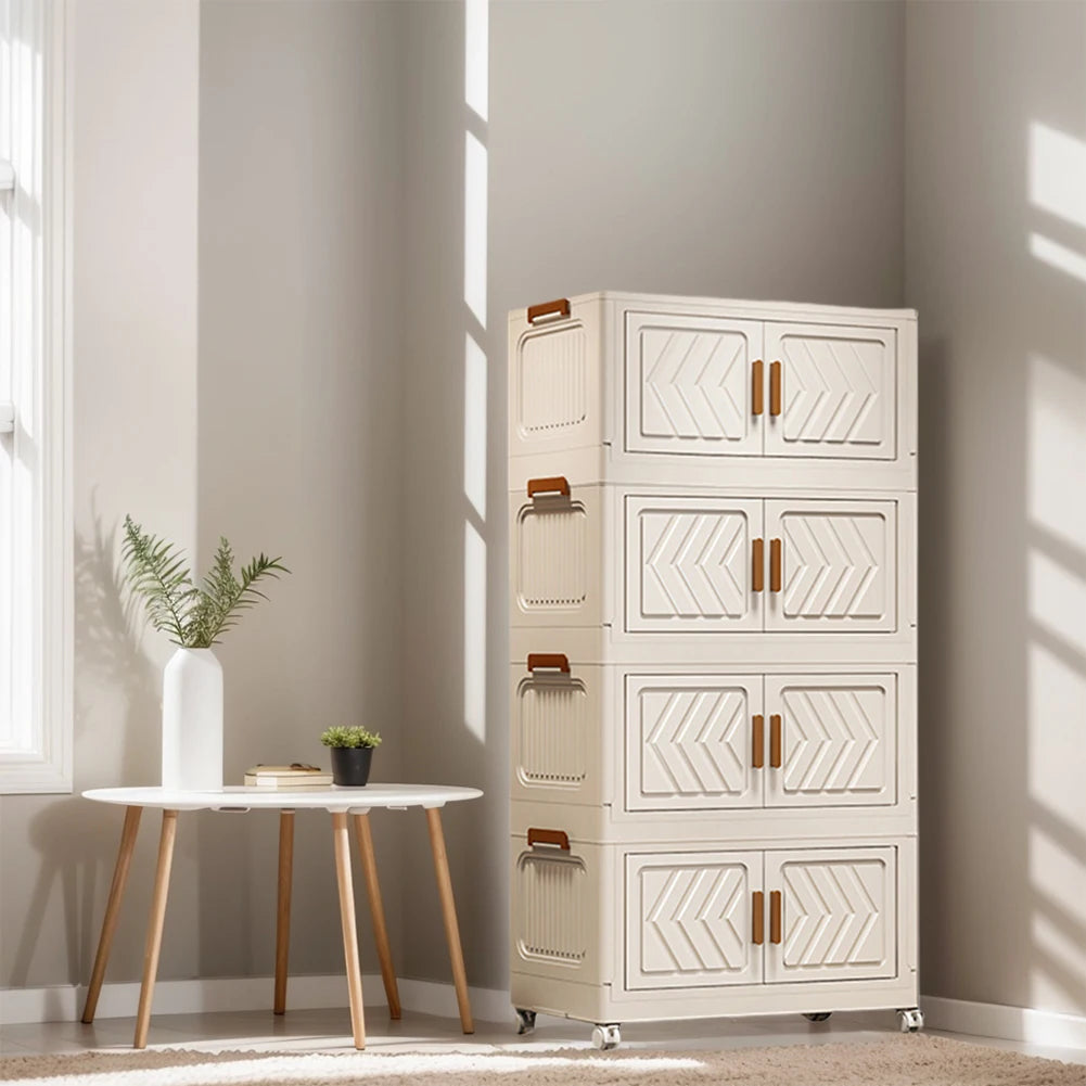 4 Tier Stackable Box Organizers Foldable Organization with Doors and Wheels Folding Storage Cabinet Shelf for Home Office Dorm