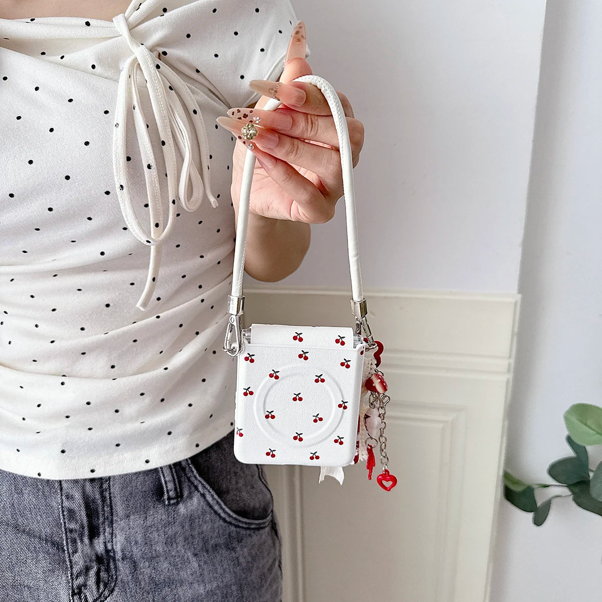 Cherry Print Magnetic Phone Case with Detachable Wrist Strap
