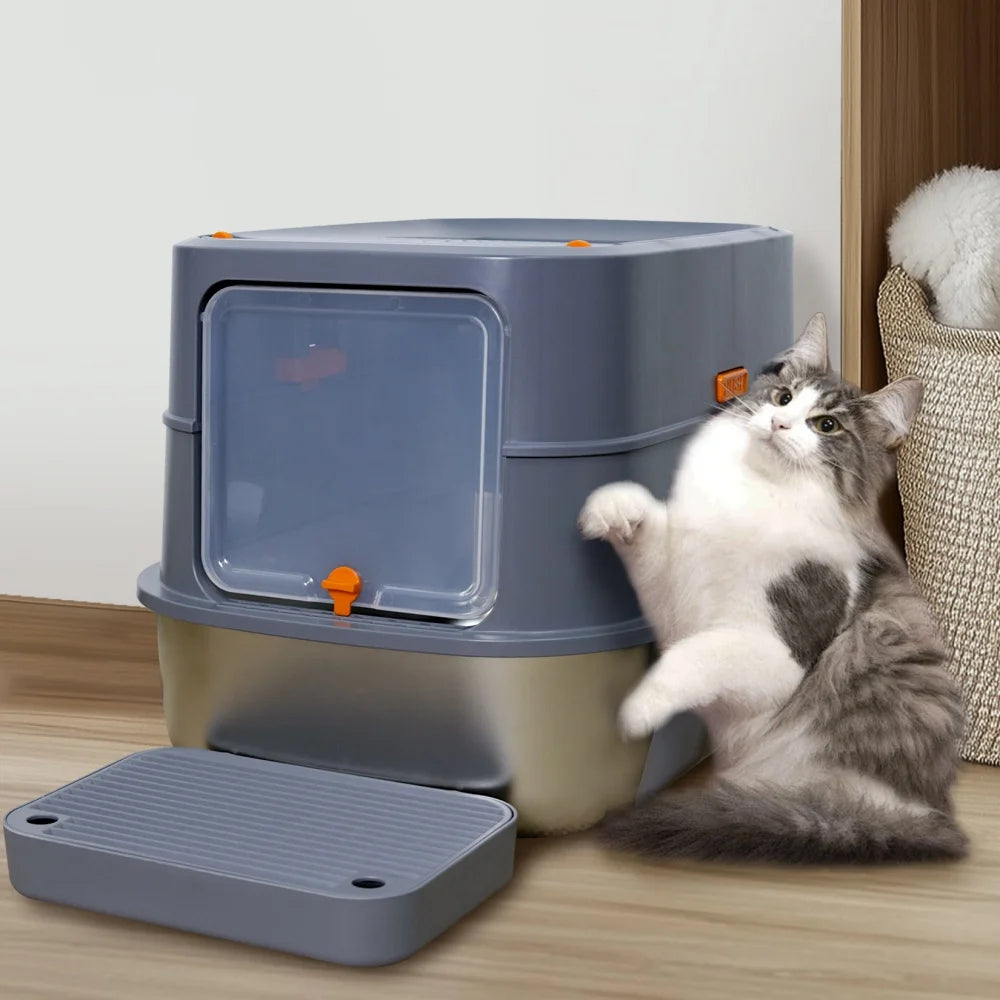 Extra Large Stainless Steel Cat Litter Box Full Enclosed Cat Litter Tray Pan High Sided Enclosure Removable Lid with Scoop