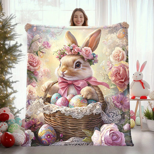 Easter Bunny Floral Egg Print Flannel Throw Blanket Soft Warm Cozy Blanket for Sofa Bed Travel Gifts