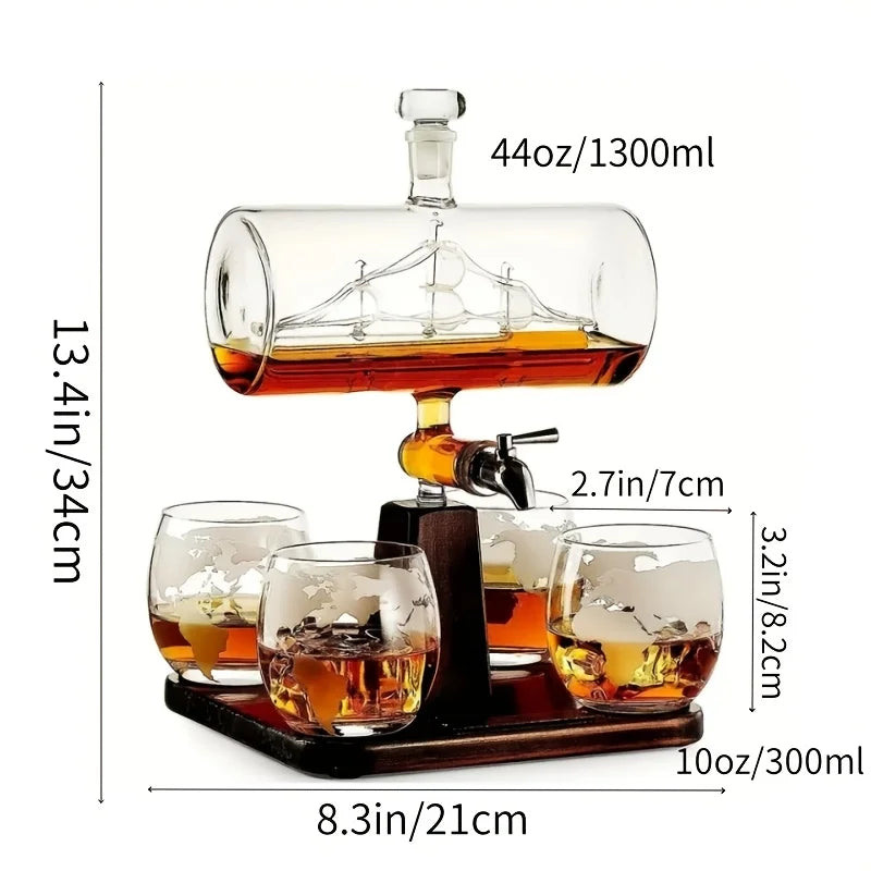 1pcs, 1300ml/44oz decanter+4pcs, 300ml/10oz glass cups, smooth sailing decanter set, suitable for home bars