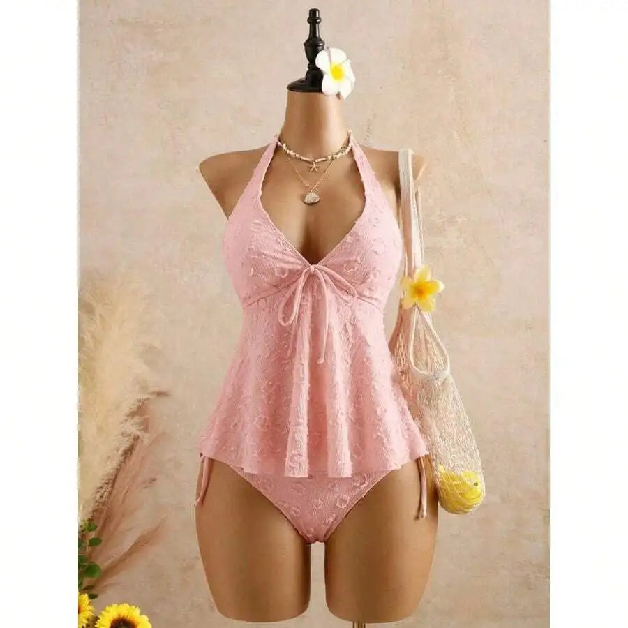 Women’s Halter Neck Swim Dress | Lace Texture One-Piece Swimsuit with Tummy Control