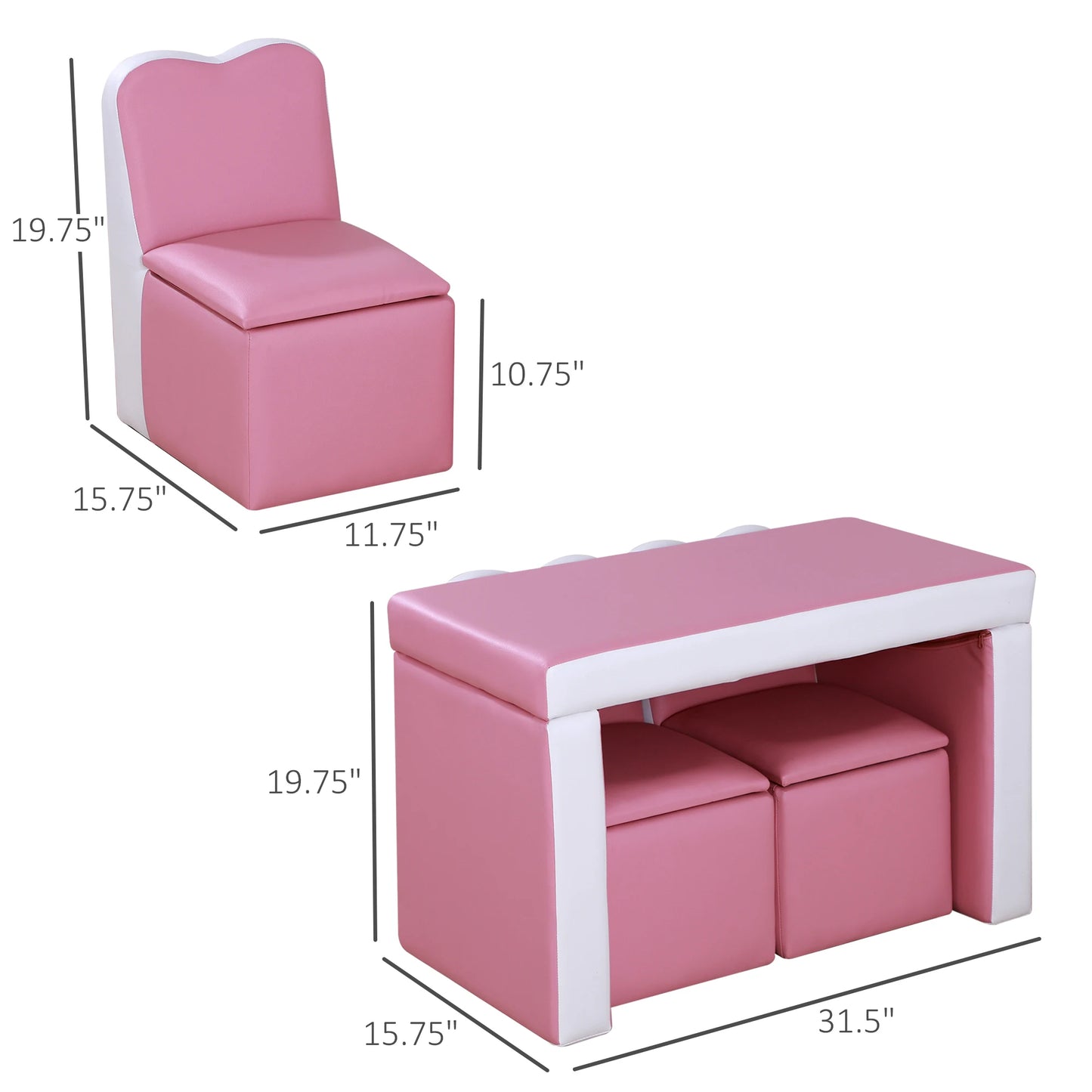 Kids Leather Sofa Armchair Multi-functional Table Chair Set Storage Pink