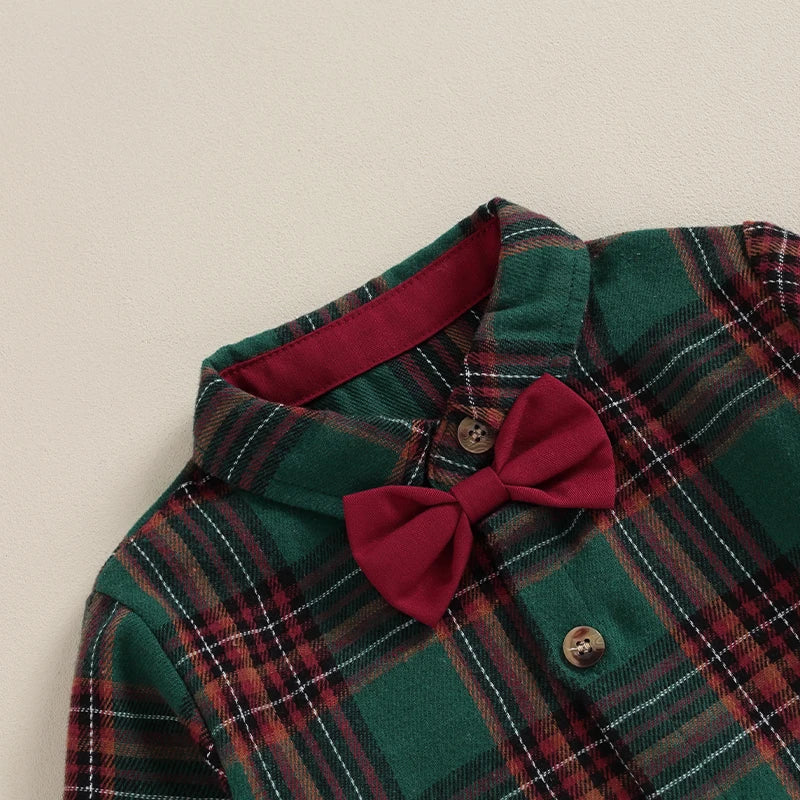 2023-10-20 Lioraitiin 1-7Y Kids Boys Christmas Outfit Plaid Bowtie Lapel Button-Down Shirts Tops Solid Suspender Pant 2Pcs