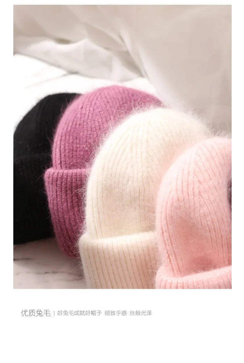 Warm Cashmere Wool Skullies Beanie For Women Rabbit Fur