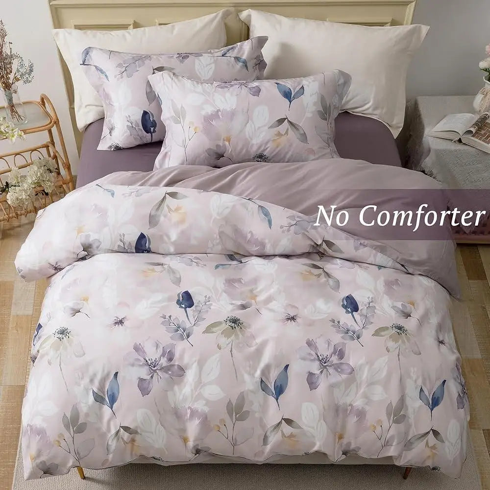 100% Long Staple Cotton Duvet Cover Set Floral Leaf Pattern Ultra Soft Breathable Comforter Cover Hidden Zipper Closure Corner