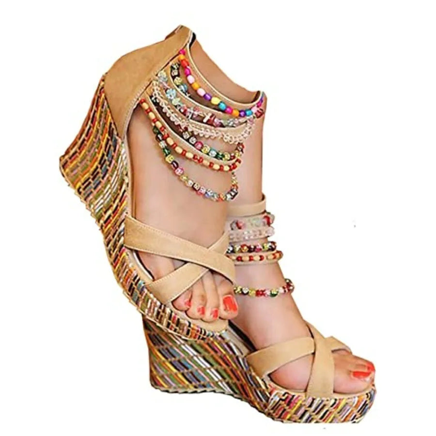 getmorebeauty Women's Wedge Sandals With Pearls Across The Top Platform Sandals High Heels