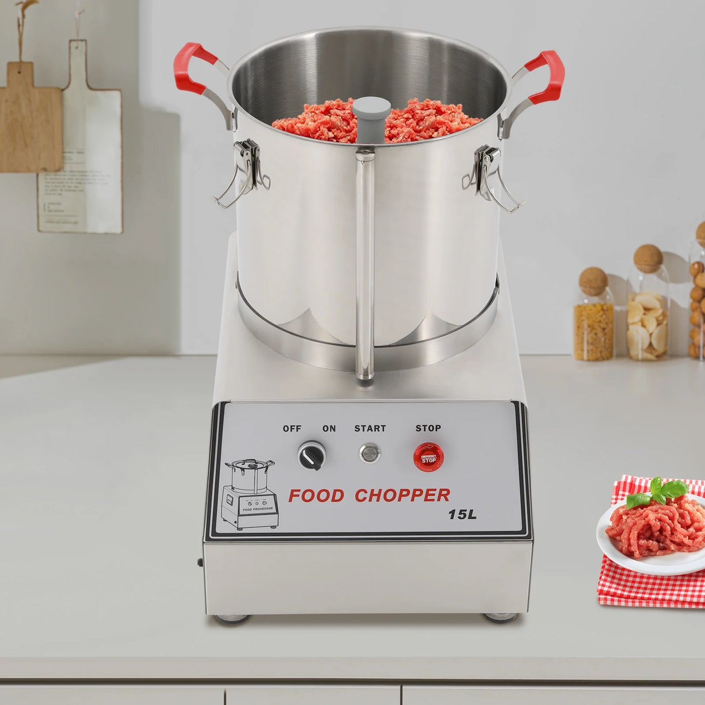 15L 201 Stainless Steel Silver Food Processor Chopping Machine 110V ,Tabletop 1400rpm for Restaurants, Cafeterias
