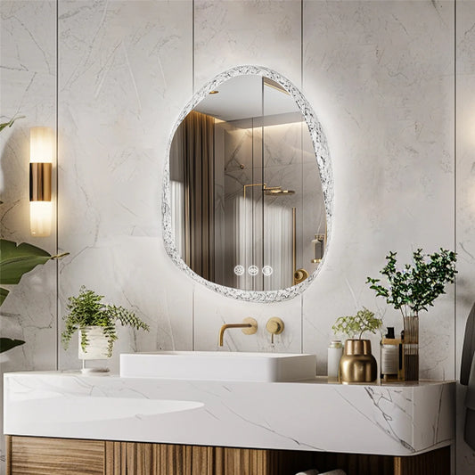 Modern Irregular LED Bathroom Mirror with Lights, Asymmetrical Frameless Smart Lighted Wall Mirror for Living Room Entryway