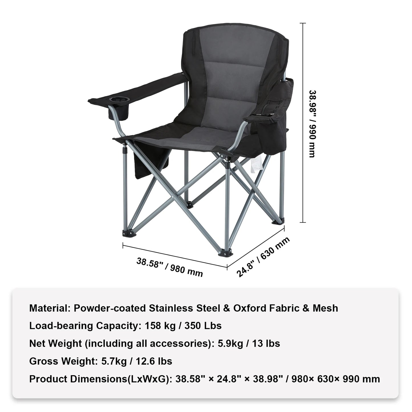 SucceBuy Camping Folding Chair for Adults Portable Quad Lumbar Back Padded Arm Chairs with Side Pockets for Beach, Lawn, Picnic