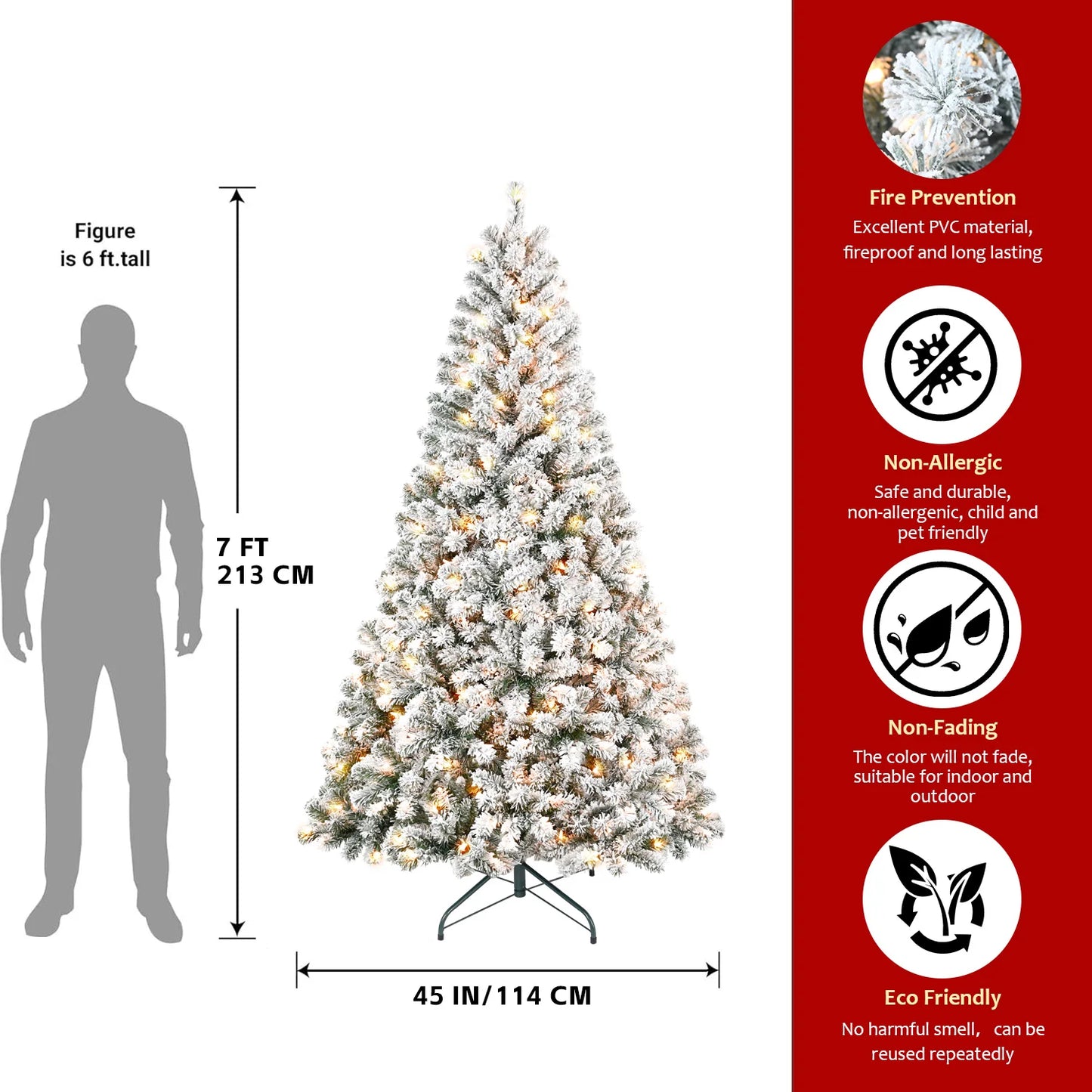 7FT Snow Flocked Artificial Christmas Tree . Full Holiday Tree with Realistic Branches & Sturdy Metal Stand