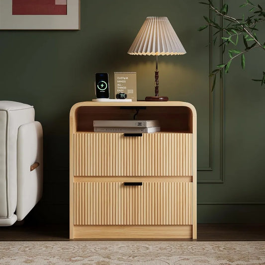 "24 Inch Fluted Nightstand with Charging Dock, Wooden Two-Drawer End Table, Curved Design, Contemporary Bedside Cabinet"