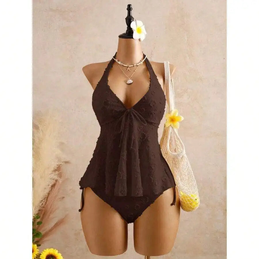 Women’s Halter Neck Swim Dress | Lace Texture One-Piece Swimsuit with Tummy Control