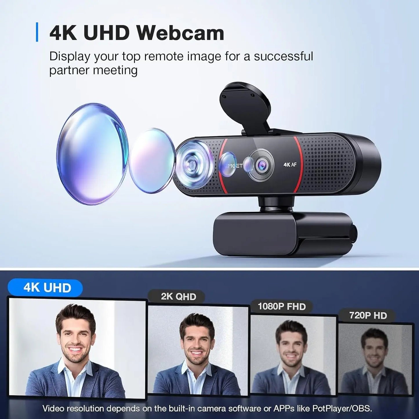 4K UHD Webcam with Auto Focus, Dual Microphones, Light Correction & Privacy Cover for Video Conferencing, Streaming & Remote Work