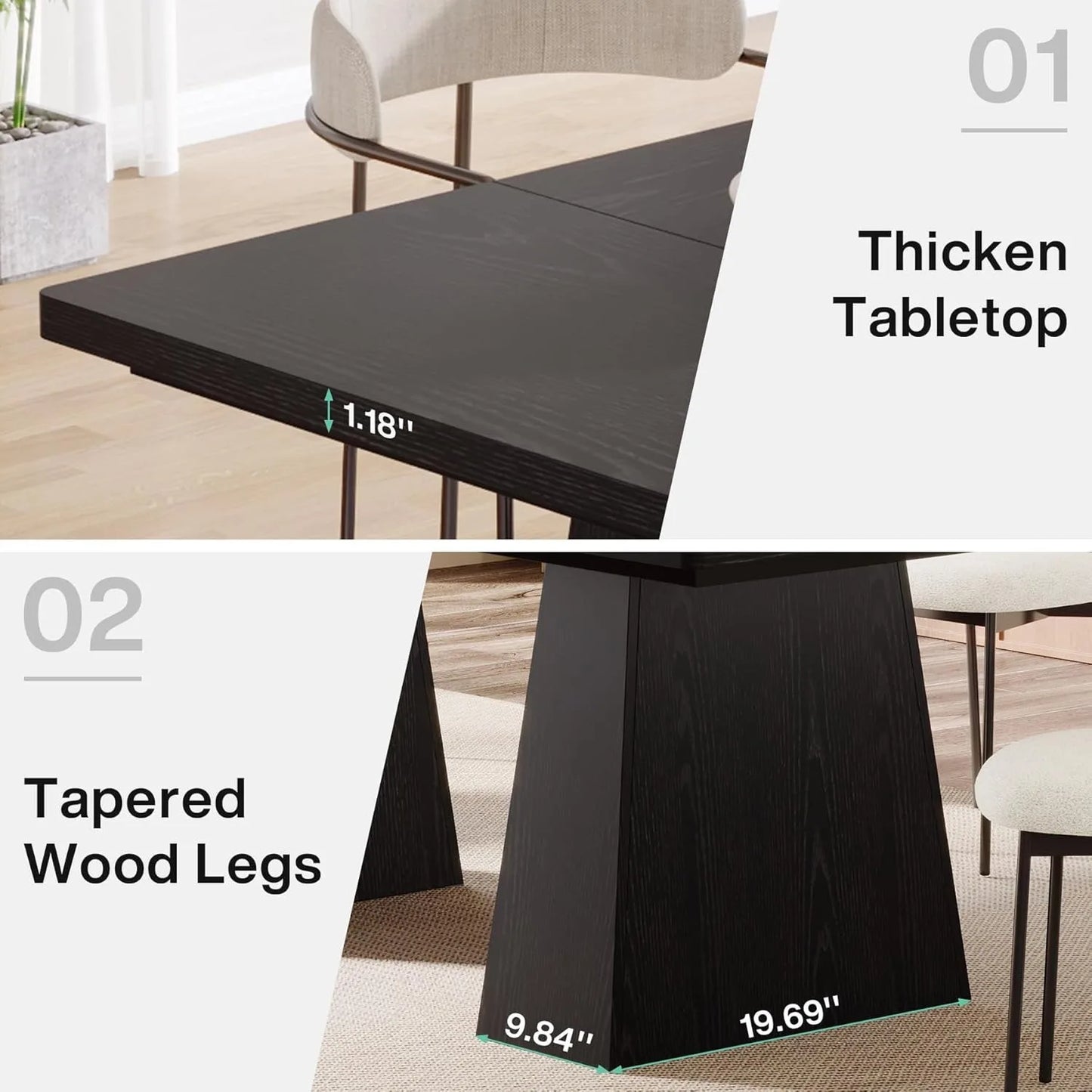 LITTLE TREE Black Dining Table for 4-6, Modern Kitchen Table with Tapered Wood Legs and Tabletop for Kitchen, Living Room