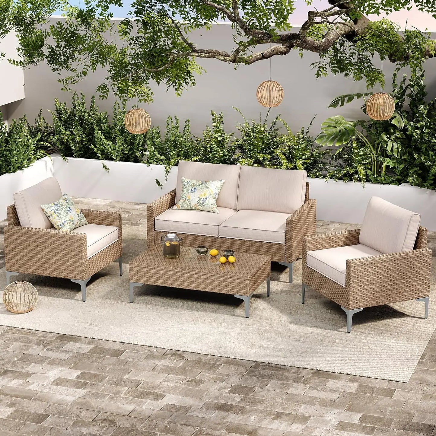 Modern 4 Piece Outdoor Wicker Patio Conversation Set with Loveseat & Coffee Table