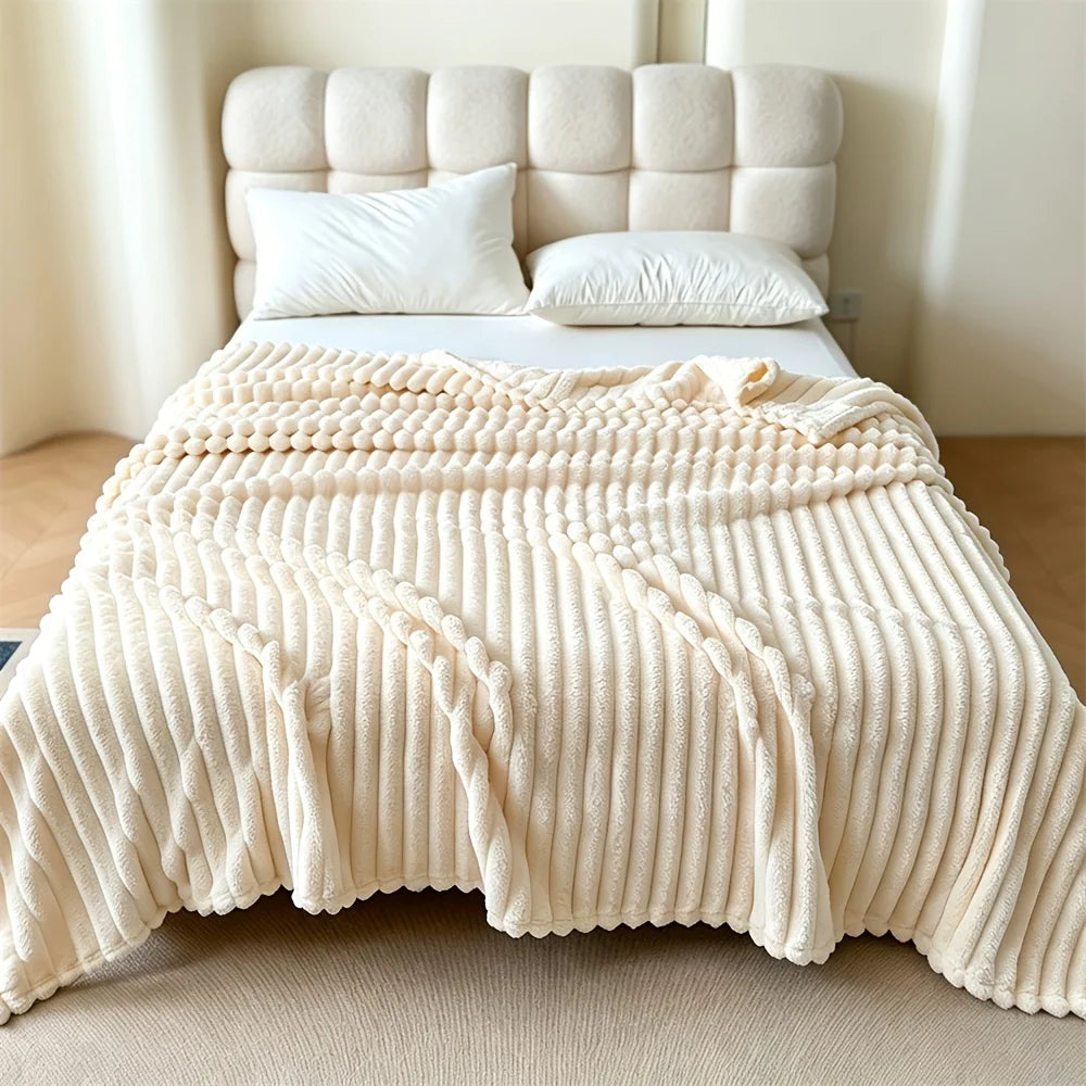 Super Soft Striped Fleece Blanket Cozy Ribbed Flannel Bed Throw Warm Elegant Plush Blanket for Sofa Couch Bedspread Luxurious Comfy Travel Camping Blanket Solid Warm All Season Bedding Blanket Twin Queen King