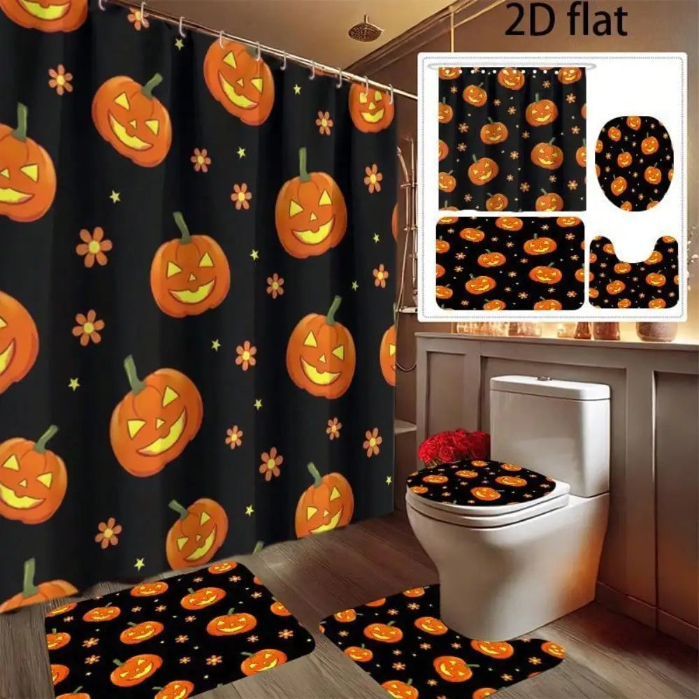 4-Piece Halloween Pumpkin Bathroom Decor Set .Jack-O’-Lantern Shower Curtain, Bath Mat & Toilet Cover
