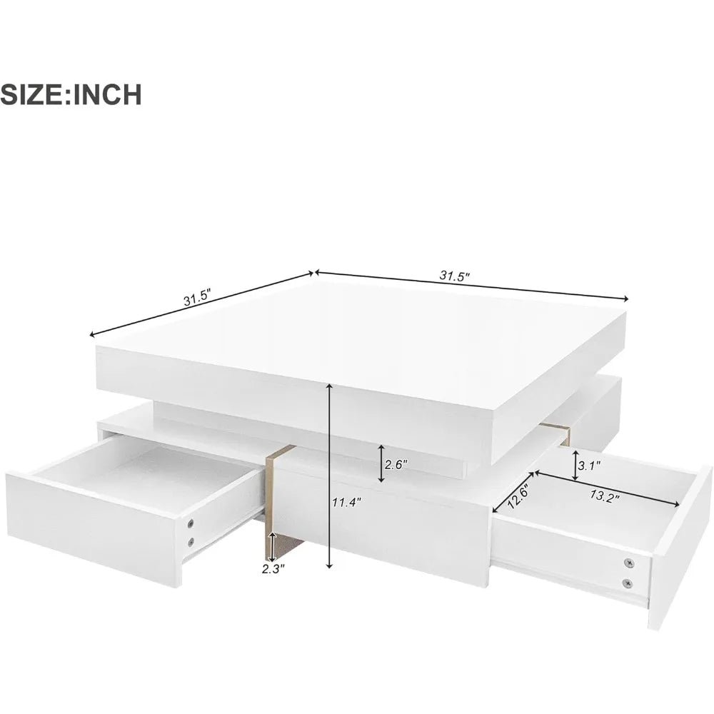 Modern Coffee Table with Storage, Contemporary Square Coffee Table with Drawers, High Gloss Modern Center Table for Living Room,