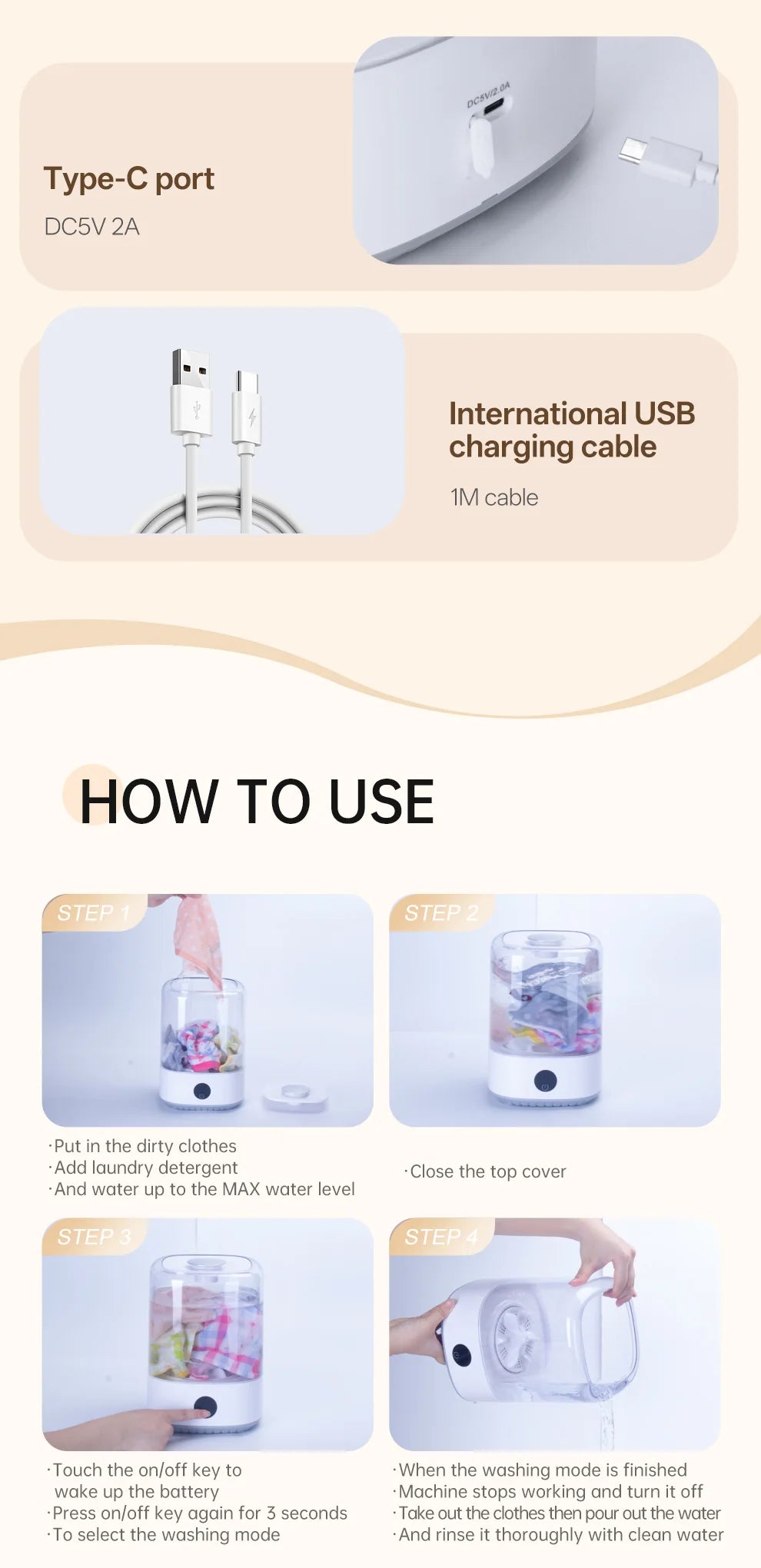 Portable Mini Washing Machine USB Rechargeable Cordless Washer For Underwear, Socks, Baby Clothes, 4L Capacity With Digital Control, Quiet & Efficient For Apartment, Dorm, Travel, Camping & RV