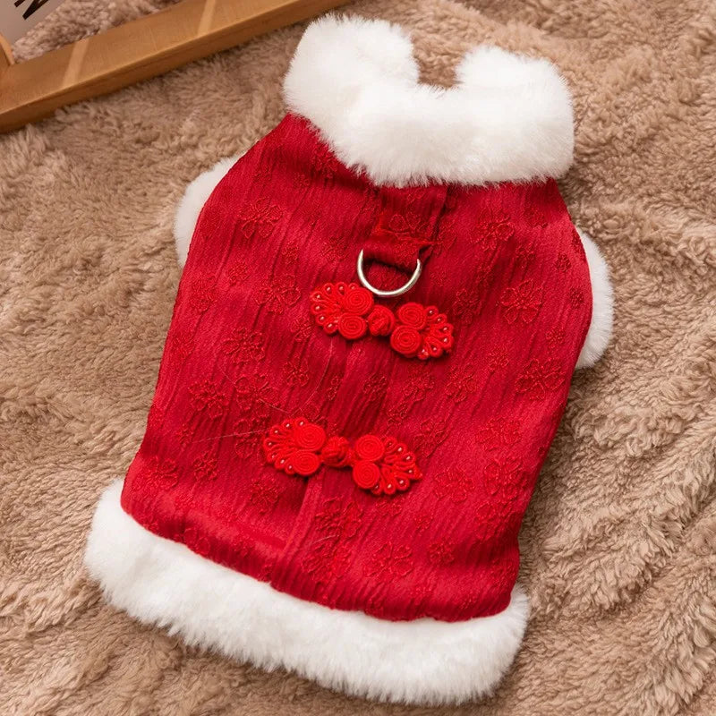 New Year Dog Dragon Robe Costume Warm Cat Cheongsam Winter Pet Vest of The Tang Dynasty Christmas Coat for Cat Teddy Bichon Dogs