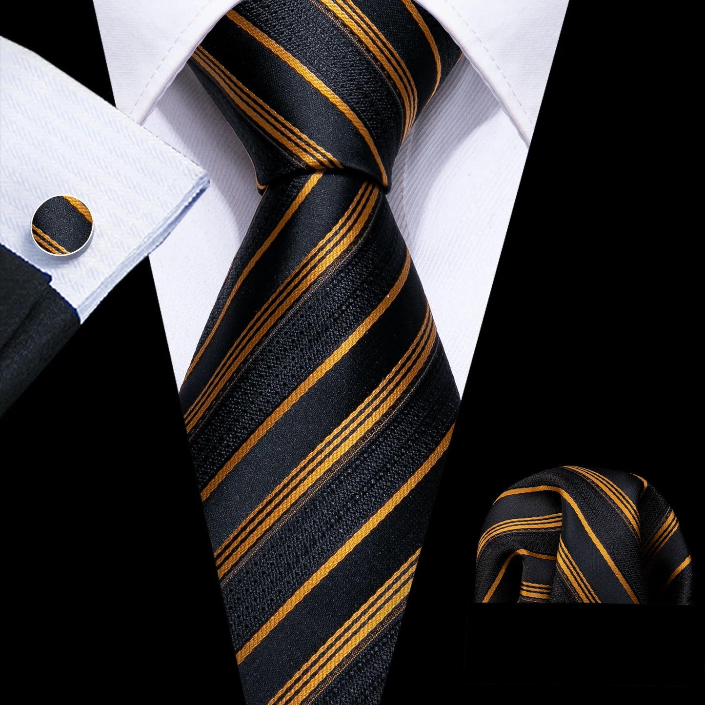 Men’s Luxury Red Striped Necktie Set. Silk Tie, Pocket Square & Cufflinks for Business, Wedding & Formal Wear