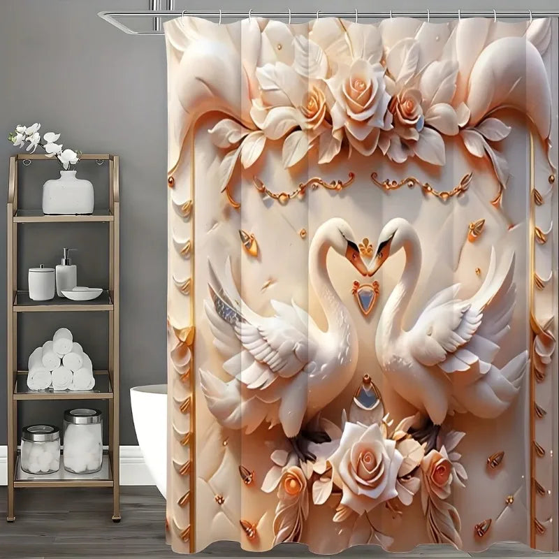 3D Swan Embossed Pearl Print Shower Curtain Set Bathroom