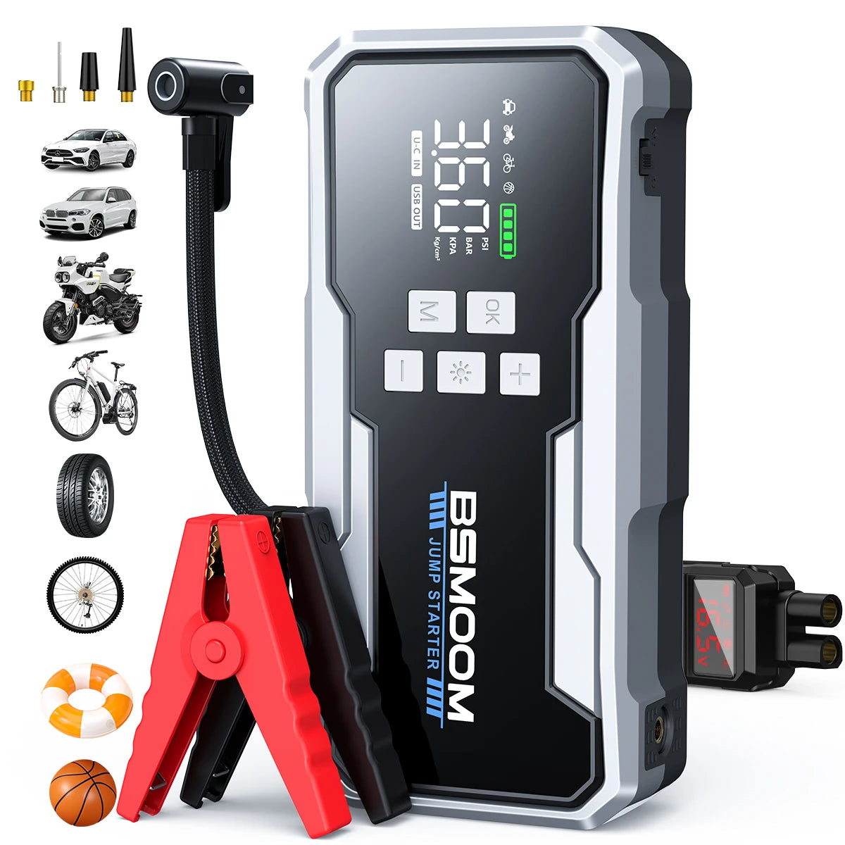 26800mAh Jump Starter with Air Compressor 1000A/1500A PEAK  Booster Tyre Inflator Portable Car Battery Power Bank Charger Air Pump,with LCD Display, Jump Starter Power Bank  (All Gas/ 8.0L Diesel), LED Light, Design for Cars,