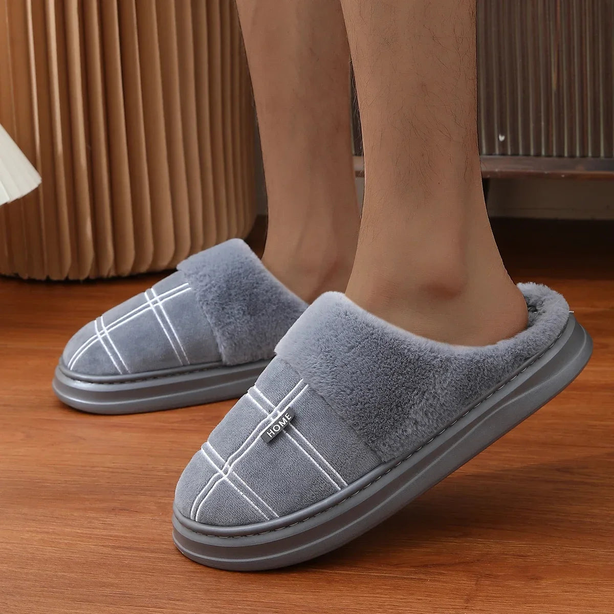 Men Home Slippers Plaid Memory Foam Winter Plush Male Indoor Shoes Warm Soft Non-Slip Slippers Black Large size 50-51 Fashion
