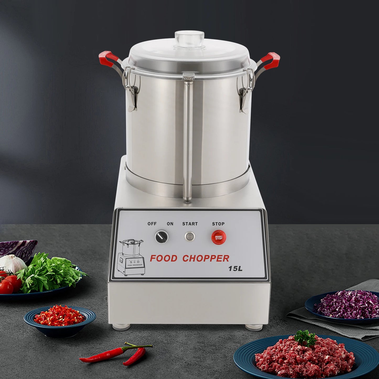 15L 201 Stainless Steel Silver Food Processor Chopping Machine 110V ,Tabletop 1400rpm for Restaurants, Cafeterias