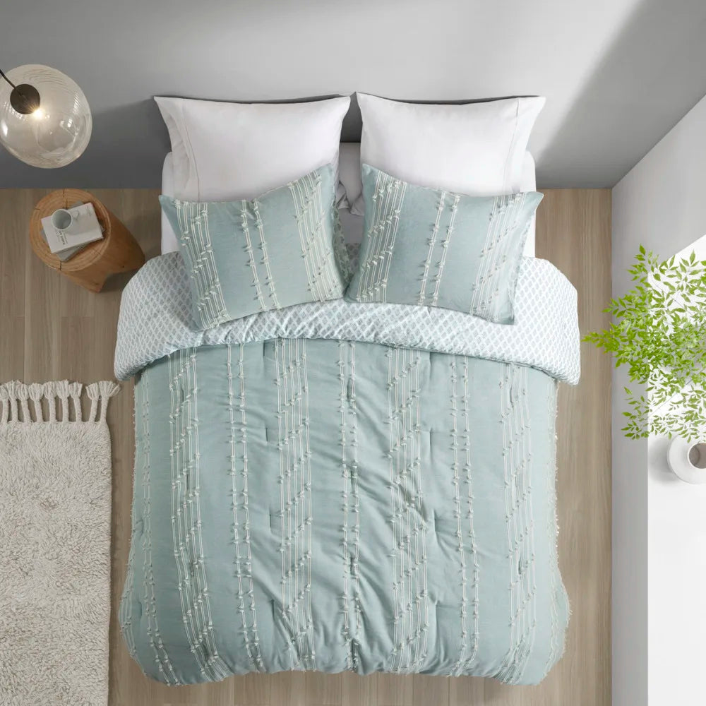 3 Piece Cotton Jacquard Comforter Set Aqua Full/Queen