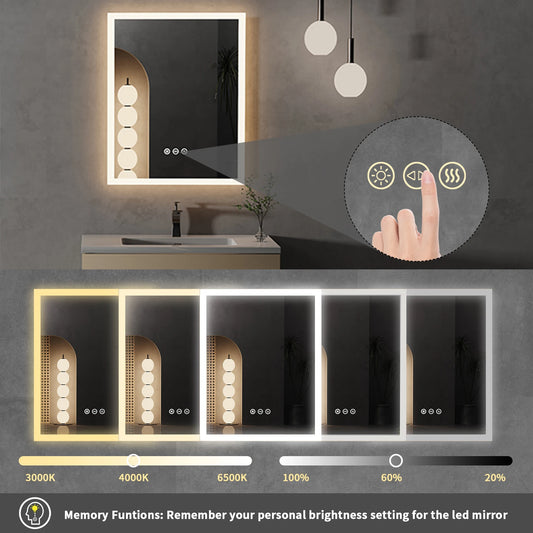 LED 16x20 Vanity Mirror Wall Mounted With Anti Fog Memory