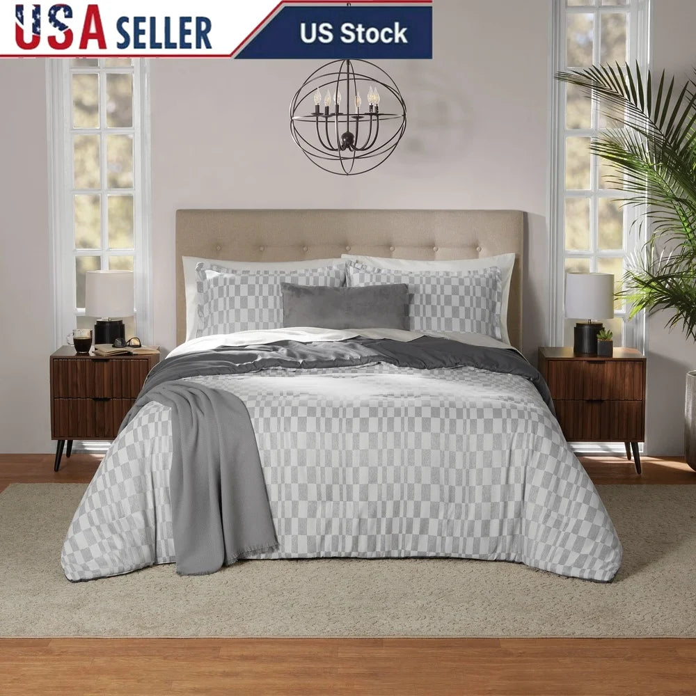 5 Piece Soft Grey Checkered Comforter Set Full Queen