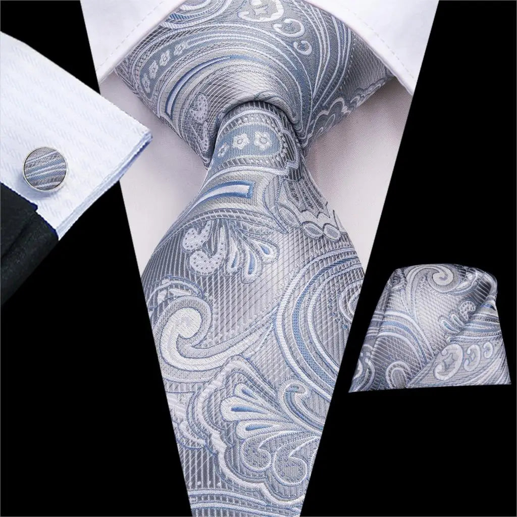 Hi-Tie Luxury Silver Men’s Necktie Set with Pocket Square & Cufflinks | Wedding, Business & Formal Events