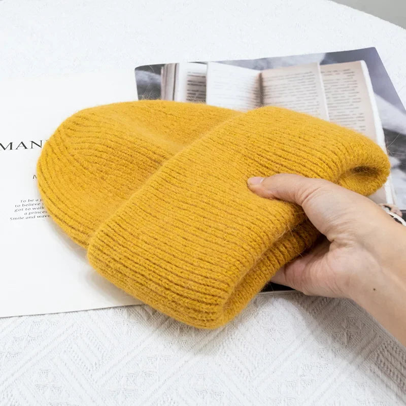 Warm Cashmere Wool Beanie For Women Rabbit Fur Threefold Cap