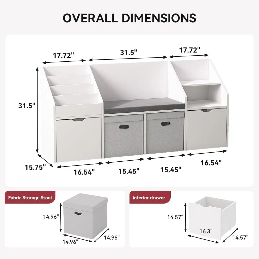 67 Inch Kids Reading Nook With Bench Bookshelf Cube Storage