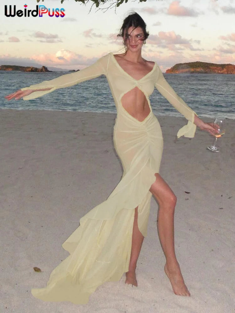 Women’s Elegant V Neck Cutout Maxi Dress | Long Sleeve Bodycon Evening Gown