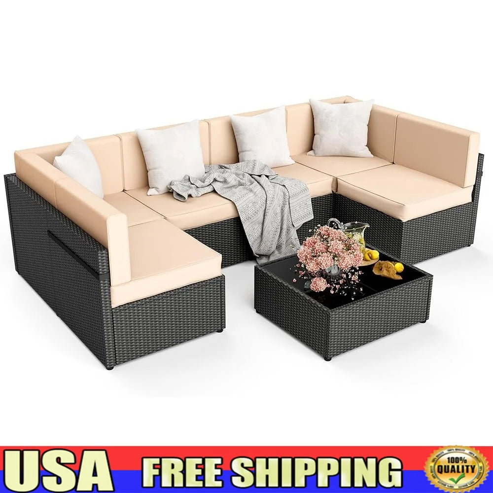 Outdoor Rattan Sectional Sofa Set 7PCS Patio Furniture Washable Cushions Tea Table Sun Loungers Garden Conversation