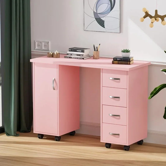 Manicure Table Nail Desk w/Cabinet, Drawers, Wheels & Arm Rest, Spa Salon Beauty Home Wooden Technician Workstation Nail