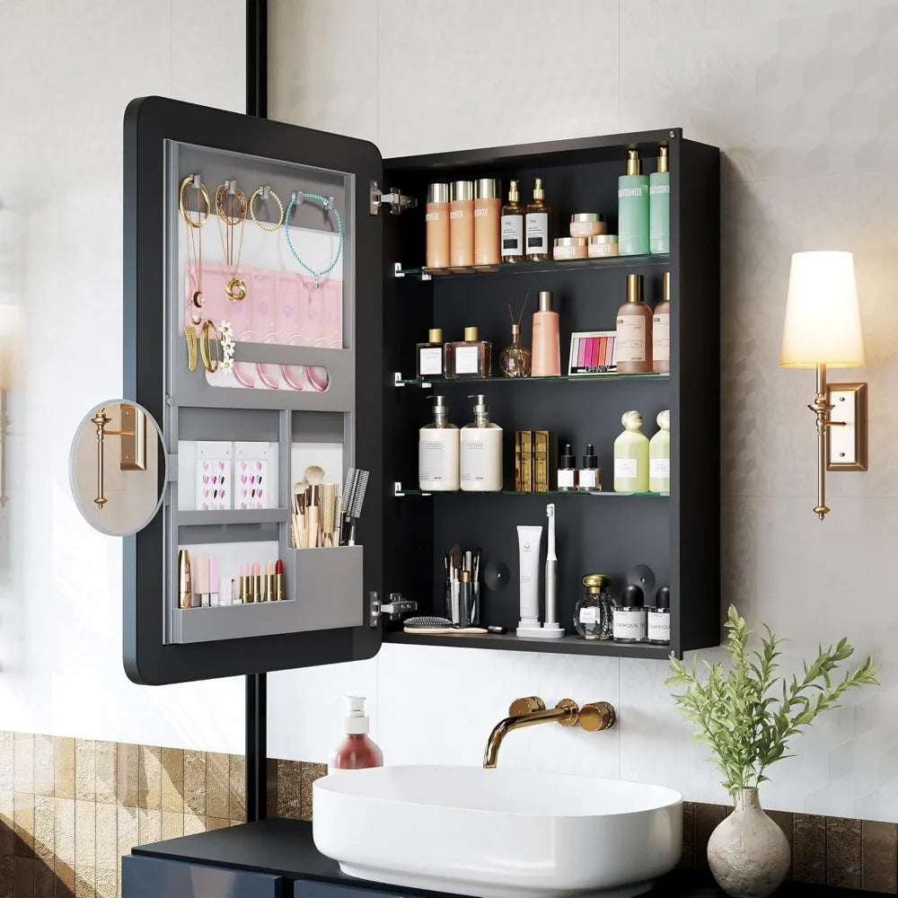 Black Medicine Cabinets for Bathroom with Mirror:20x26 Inch Small Mirrored Vanity Storage with Adjustable Shelves-Surface or Rec
