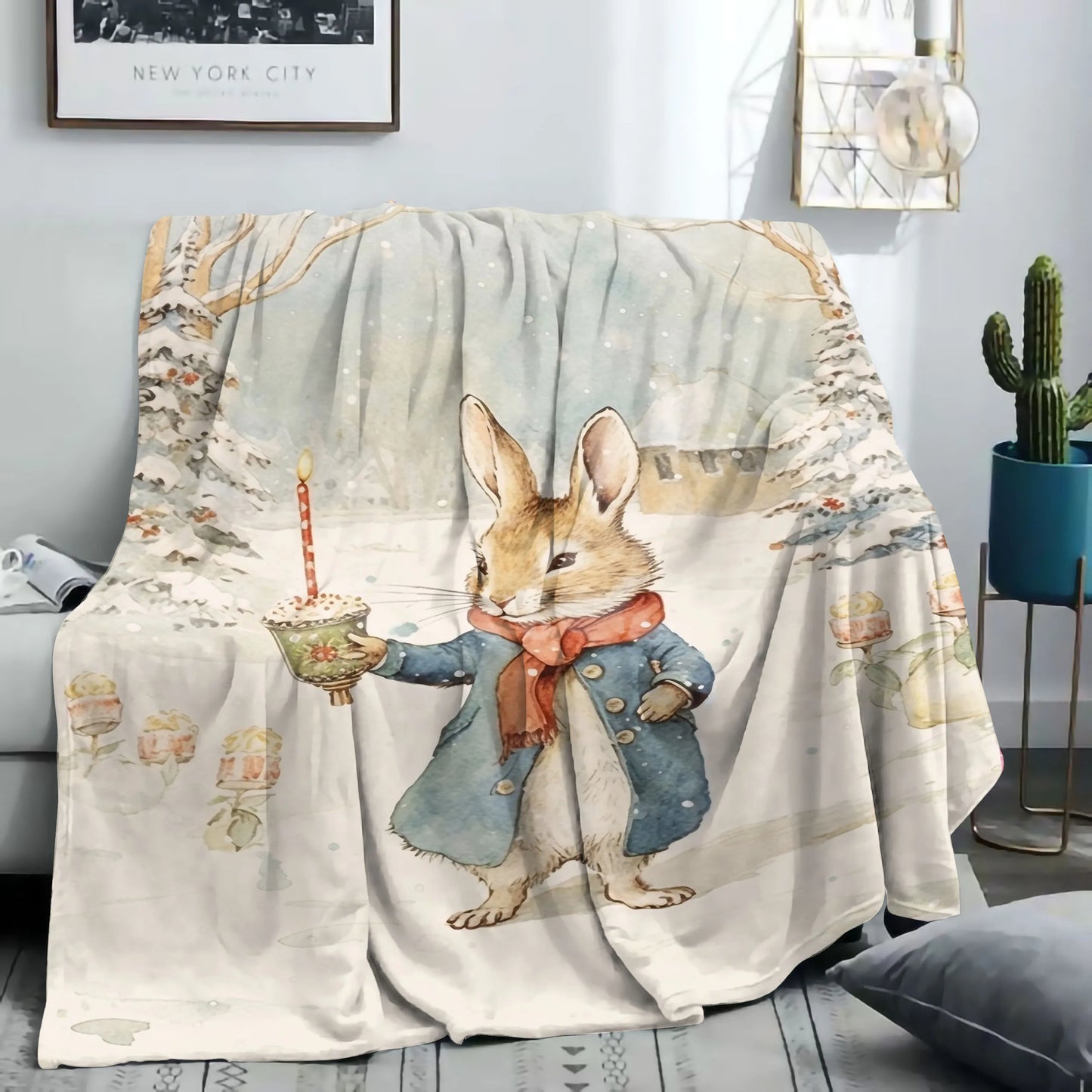 1pc Cozy Christmas Bunny Flannel Throw Blanket - Soft, Warm, and Comfortable with Cute Cartoon Bunny Illustration