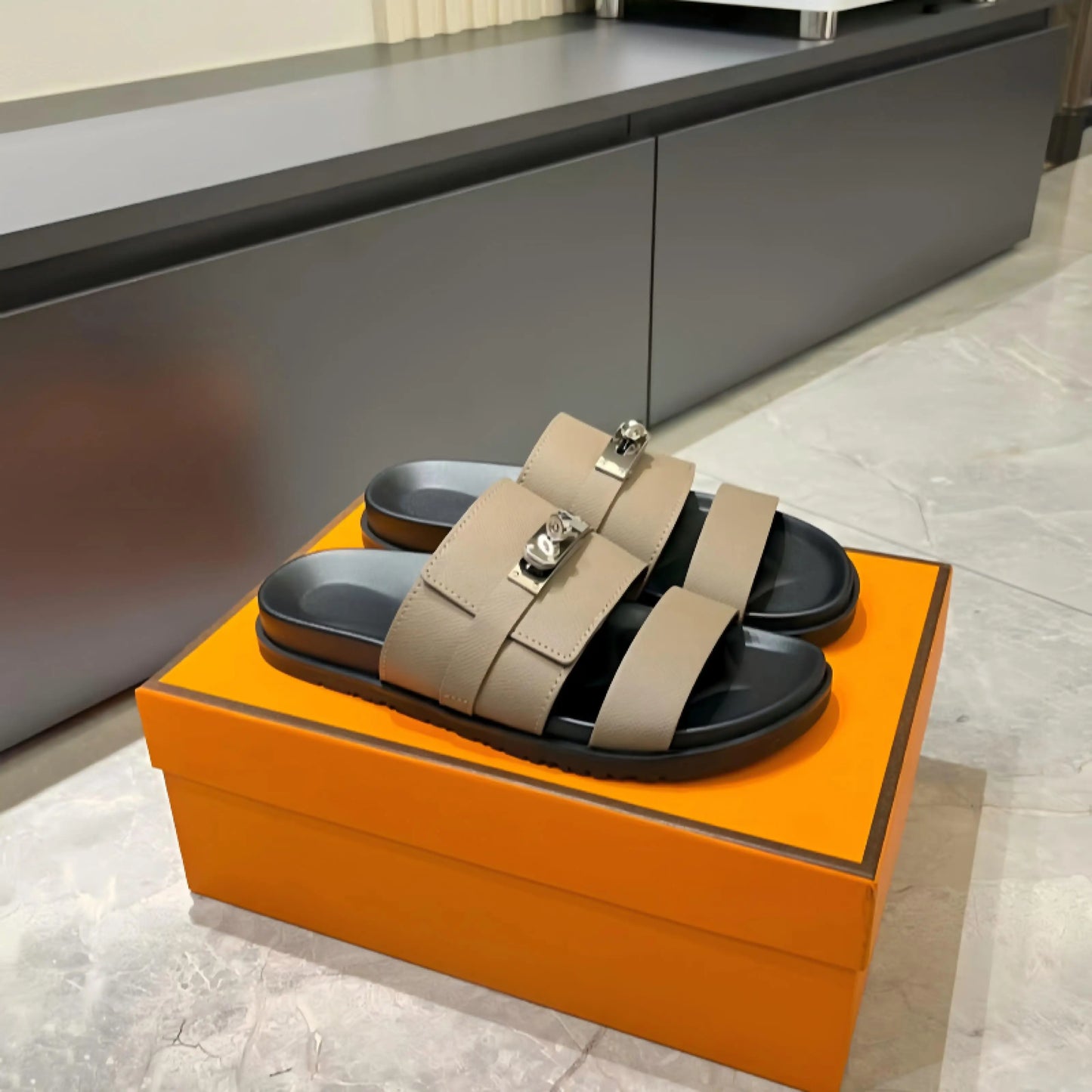 Luxury Women’s Leather Buckle Slide Sandals