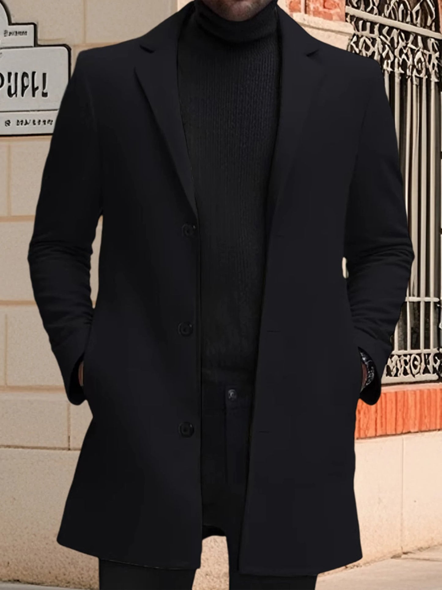 Men s Classic Wool Blend Pea Coat with Notched Lapel Collar and Single Button Closure - Stylish Mid-Length Winter Jacket for