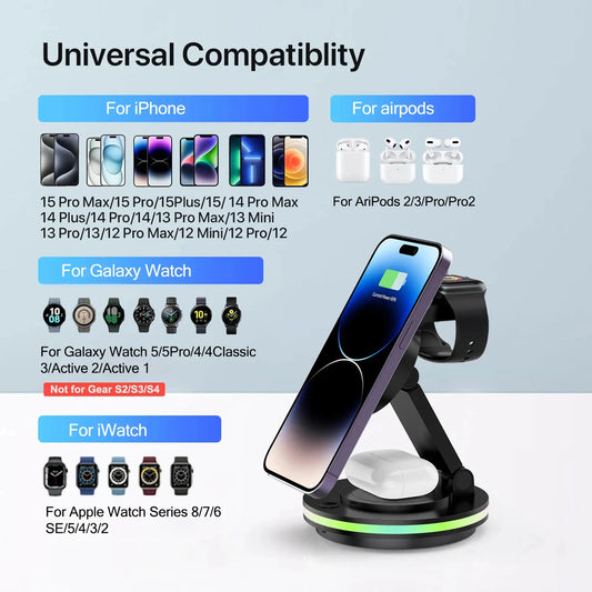 4 in 1 Wireless Charging Station For iPhone 16 15 14 13 12 For MagSafe Magnetic Charger Rotatable Holder Dock With Ambient Light