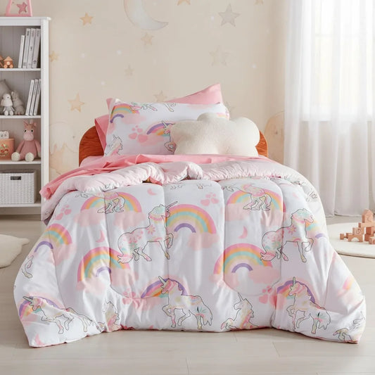 Kids Unicorn Bedding Set Full/Queen Size - 7 Piece Pink Comforter with Sheets & Pillowcases, Super Soft & Cute Design