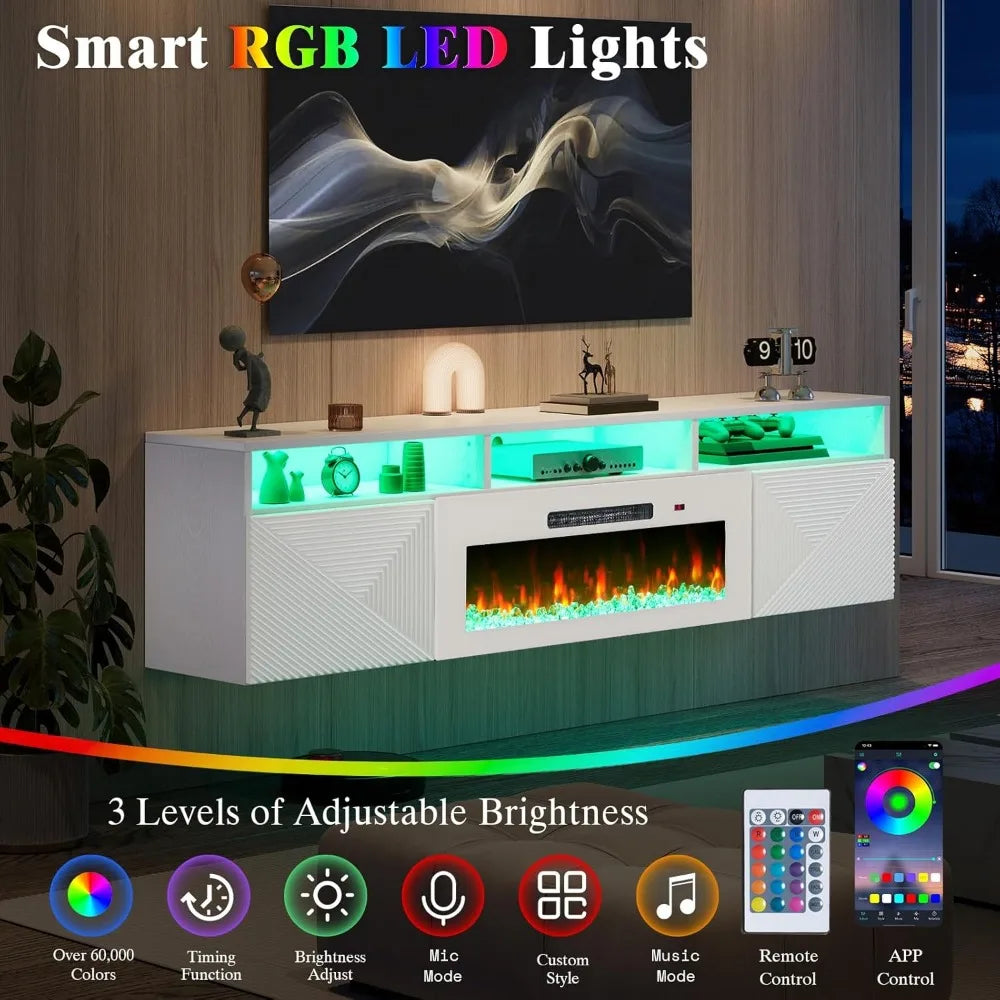 80 inch Floating TV Stand with 40" Electric Fireplace, Wall Mounted Electric Fireplace Entertainment Center with Storage Space,